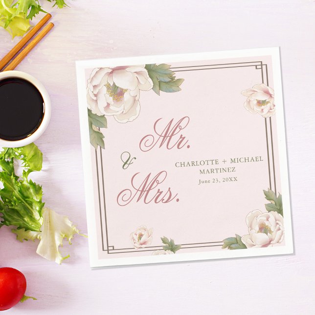 Blush Pink Peony Rose Floral Wedding Mr. and Mrs. Napkins (Creator Uploaded)