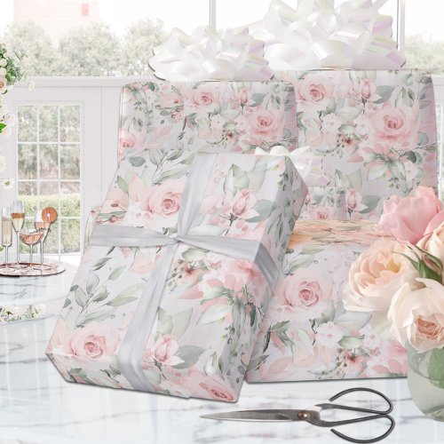 Blush Pink Peony Silver Eucalyptus Greenery Floral Wrapping Paper Sheets