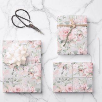 Blush Pink Peony Silver Eucalyptus Greenery Floral Wrapping Paper Sheets