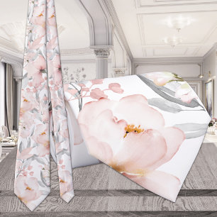 Blush Pink Peony Silver Gray Eucalyptus Wedding Neck Tie