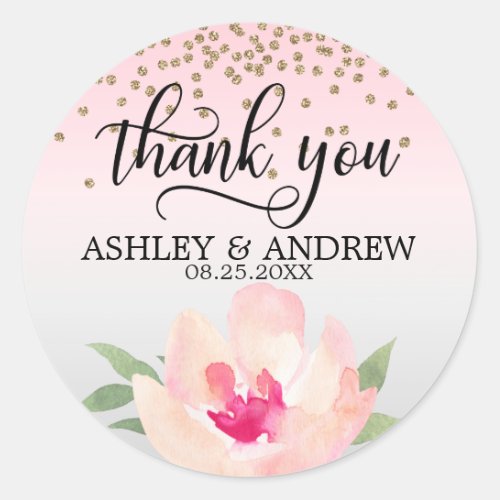 Blush Pink Peony Watercolor Grey Wedding Thank You Classic Round Sticker