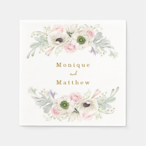 Blush Pink Peony White Anemone Gold Wedding Napkins