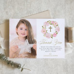 Blush Pink Peony Wreath First Holy Communion Thank You Card<br><div class="desc">Blush Pink Peonies Wreath First Holy Communion Thank You Card. Customizable thank you flat card featuring pink watercolor peonies and roses with foliage,  twigs and baby's breath accent. This floral photo thank you card will also be perfect for Baptism and Christening thank you card.</div>
