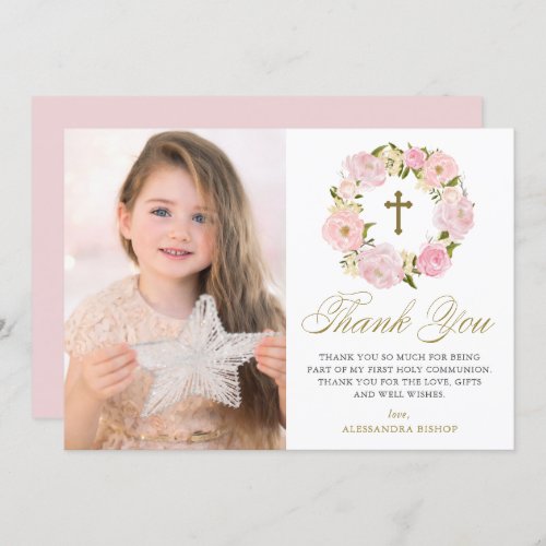 Blush Pink Peony Wreath First Holy Communion Thank You Card