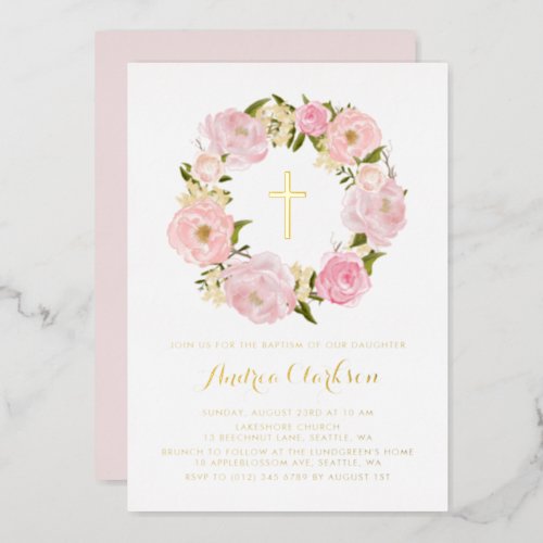 Blush Pink Peony Wreath Floral Baby Girl Baptism Foil Invitation