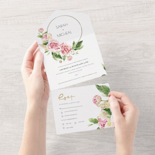 BLUSH PINK PEONY WREATH FLORAL WATERCOLOR WEDDING ALL IN ONE INVITATION