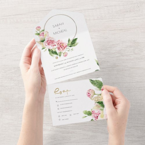 BLUSH PINK PEONY WREATH FLORAL WATERCOLOR WEDDING  ALL IN ONE INVITATION