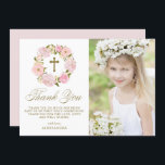 Blush Pink Peony Wreath Gold First Holy Communion Thank You Card<br><div class="desc">Send thanks to family and friends with this customizable First Communion thank you card. It features watercolor floral wreath of blush pink peonies, roses, foliage, twigs and baby's breath. Personalize this floral thank you card by adding a photo, message, name and other details. This peony floral wreath First Communion photo...</div>