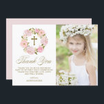 Blush Pink Peony Wreath Gold First Holy Communion Thank You Card<br><div class="desc">Send thanks to family and friends with this customizable First Communion thank you card. It features watercolor floral wreath of blush pink peonies, roses, foliage, twigs and baby's breath. Personalize this floral thank you card by adding a photo, message, name and other details. This peony floral wreath First Communion photo...</div>