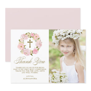 Blush Pink Peony Wreath Gold First Holy Communion Thank You Card