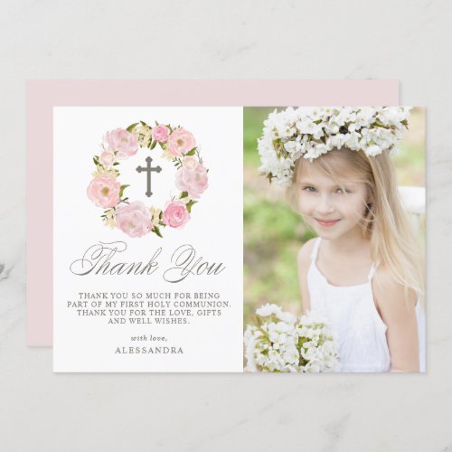 Blush Pink Peony Wreath Gray First Holy Communion Thank You Card