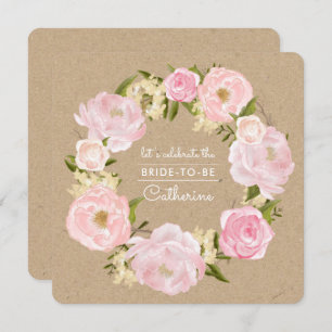 Blush Pink Peony Wreath Kraft Paper Bridal Shower Invitation