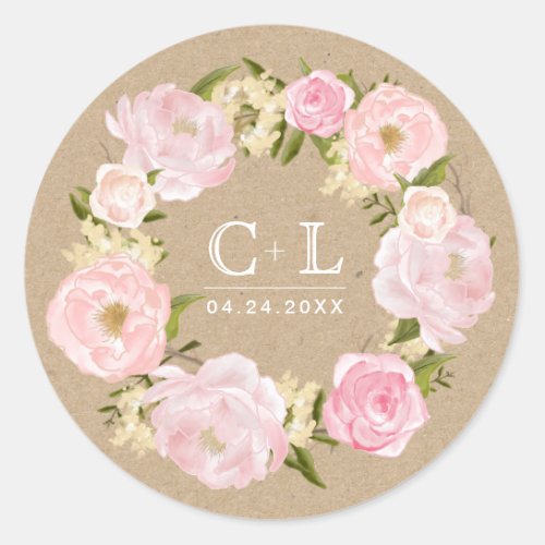 Blush Pink Peony Wreath Kraft Paper Wedding Classic Round Sticker