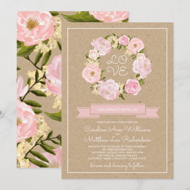 Blush Pink Peony Wreath Kraft Paper Wedding Invitation (Front/Back)