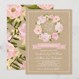 Blush Pink Peony Wreath Kraft Paper Wedding Invitation