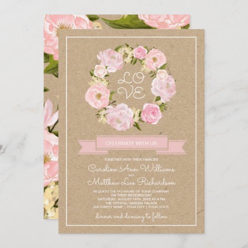 Blush Pink Peony Wreath Kraft Paper Wedding Invitation