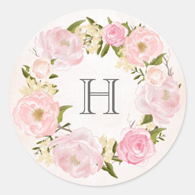 Blush Pink Peony Wreath Monogram Wedding Classic Round Sticker (Front)