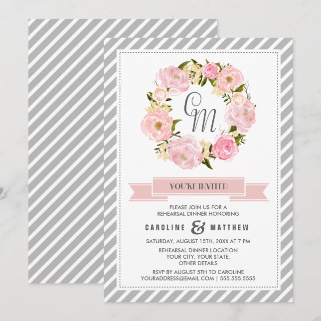 Blush Pink Peony Wreath Rehearsal Dinner  Invitation (Front/Back)