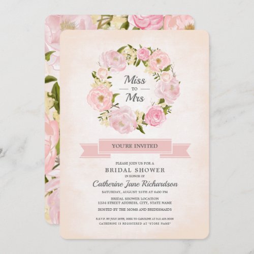 Blush Pink Peony Wreath Watercolor Bridal Shower  Invitation
