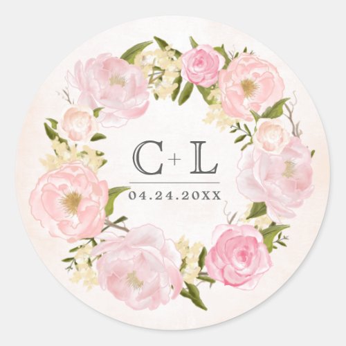 Blush Pink Peony Wreath Watercolor Wedding  Classic Round Sticker