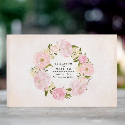 Blush Pink Peony Wreath Watercolor Wedding  Guest Book