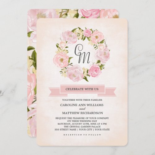 Blush Pink Peony Wreath Watercolor Wedding  Invitation