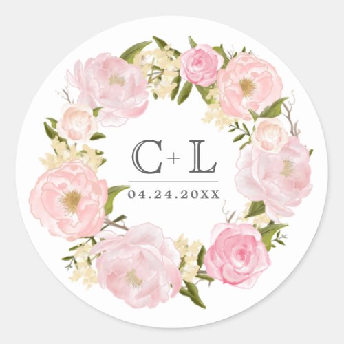 Blush Pink Peony Wreath Wedding Classic Round Sticker
