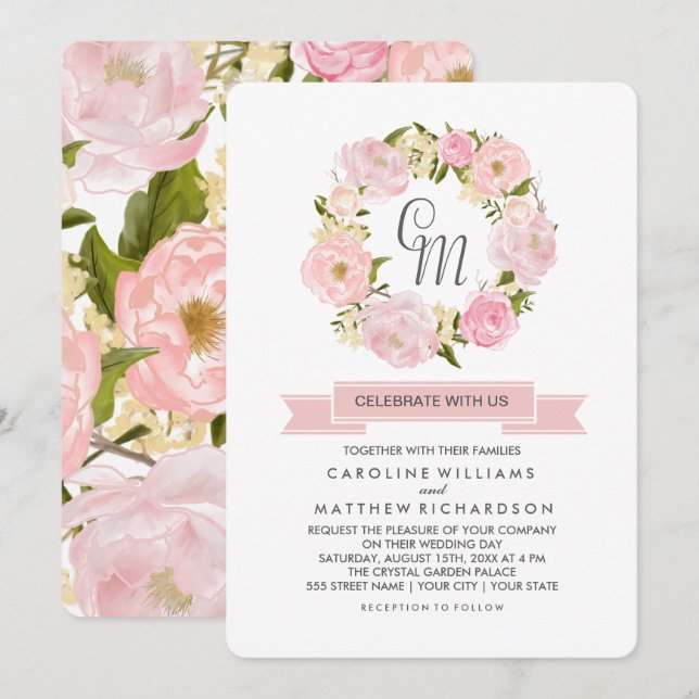 Blush Pink Peony Wreath Wedding Invitation (Front/Back)