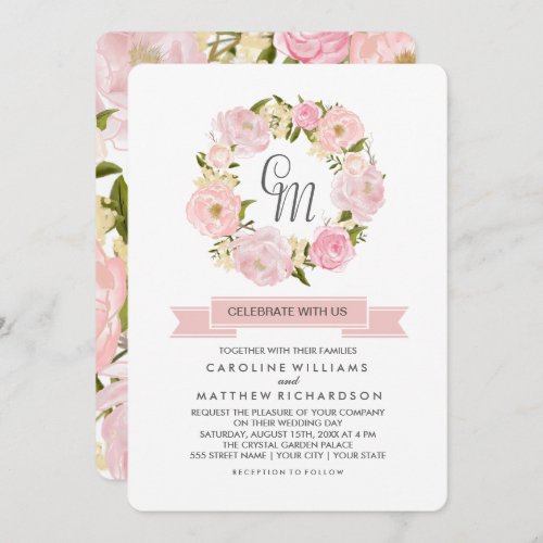 Blush Pink Peony Wreath Wedding Invitation