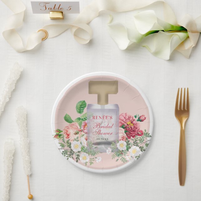 Blush Pink Perfume Bottle Floral Bridal Shower  Paper Plates (Wedding)