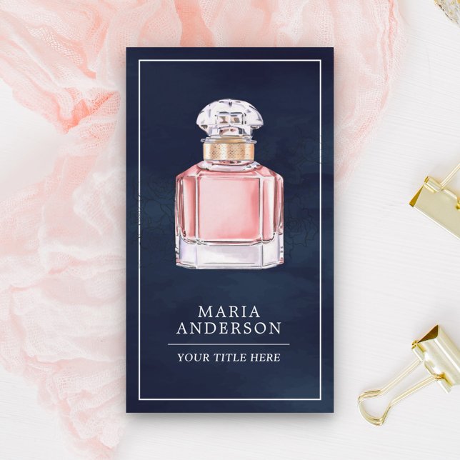 Blush Pink Perfume Bottle Navy Blue Business Card (Creator Uploaded)