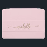 Blush Pink Personalized Monogram Name Gold Script iPad Pro Cover<br><div class="desc">Girly Blush Pink Simple Minimal Gold Monogram Name Script Custom Personalized iPad Cover. These design featuring your first name in a pretty hand lettered style swash tail font typography (or calligraphy) in gold color on light baby pink or blush pink color background. So easy to customize. Great stylish feminine gift...</div>