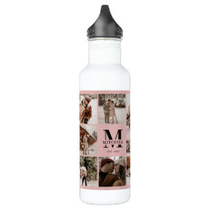 Blush Pink Personalized Monogram & Photo Collage Stainless Steel Water Bottle
