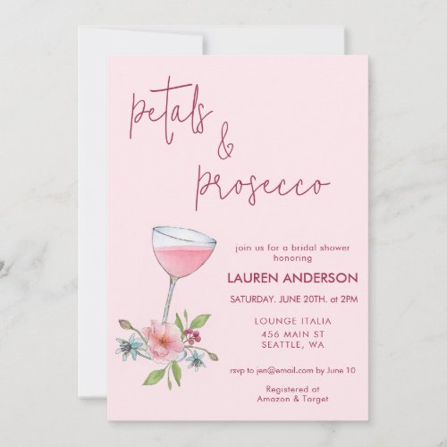 Blush Pink Petals and Prosecco Bridal Shower  Invitation