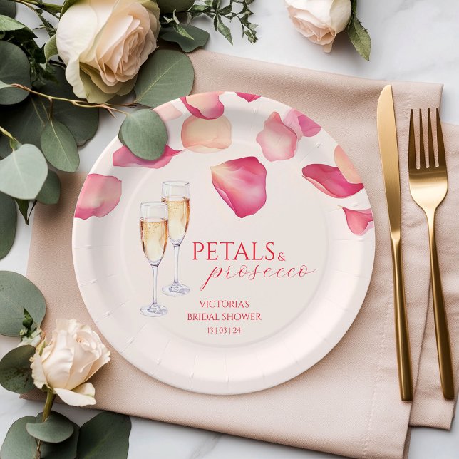 Blush Pink Petals and Prosecco Bridal Shower Paper Plates (Creator Uploaded)