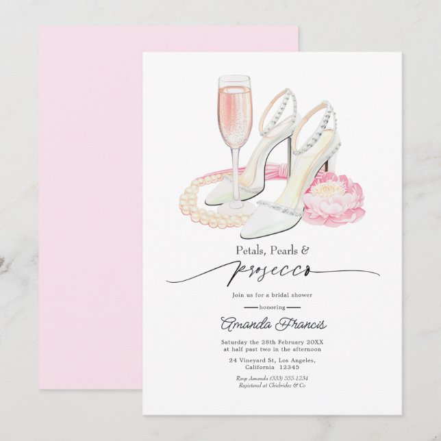 Blush Pink Petals Pearls & Prosecco Bridal Shower Invitation (Front/Back)