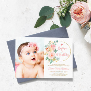 Blush Pink Photo Baptism & First Birthday  Invitation