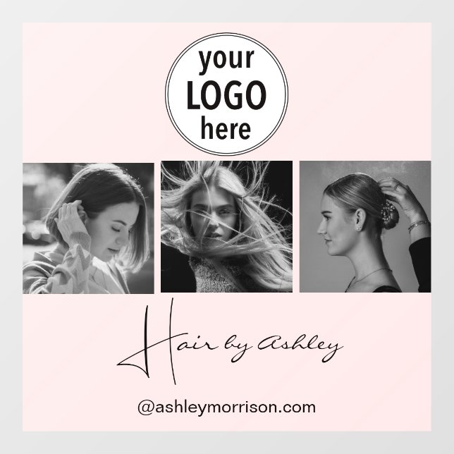 Blush Pink Photo Black Script Hair Stylist  Window Cling (Sheet)