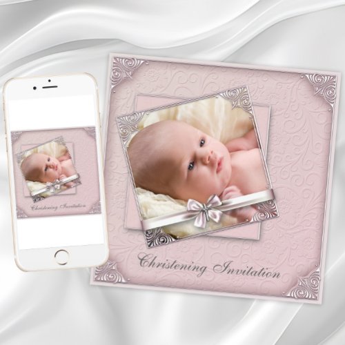 Pink Damask Girls Photo Christening Invitations