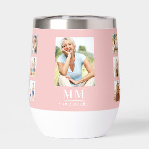 Blush pink photo collage monogram name thermal wine tumbler