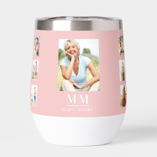 Blush pink photo collage monogram name thermal wine tumbler (Back)