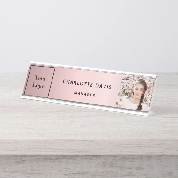 Blush pink photo elegant business logo desk name plate | Zazzle