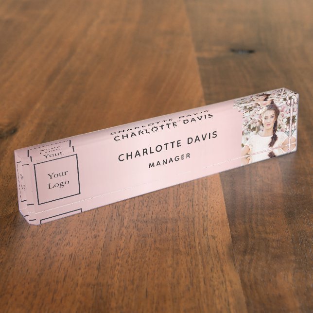 Blush pink photo elegant business logo desk name plate (Side)