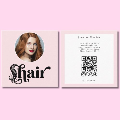 Blush Pink Photo Hair Stylist QR Socials Square Business Card
