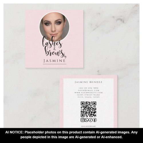 Blush Pink Photo Lashes & Brows QR Code Square Business Card