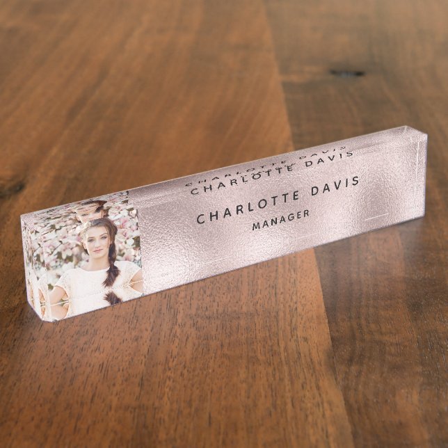 Blush pink photo monogram modern employee desk name plate (Side)