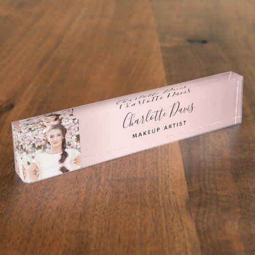 Blush pink photo monogram modern signature desk name plate