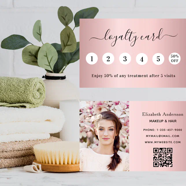 Blush pink photo qr code business loyalty card Zazzle