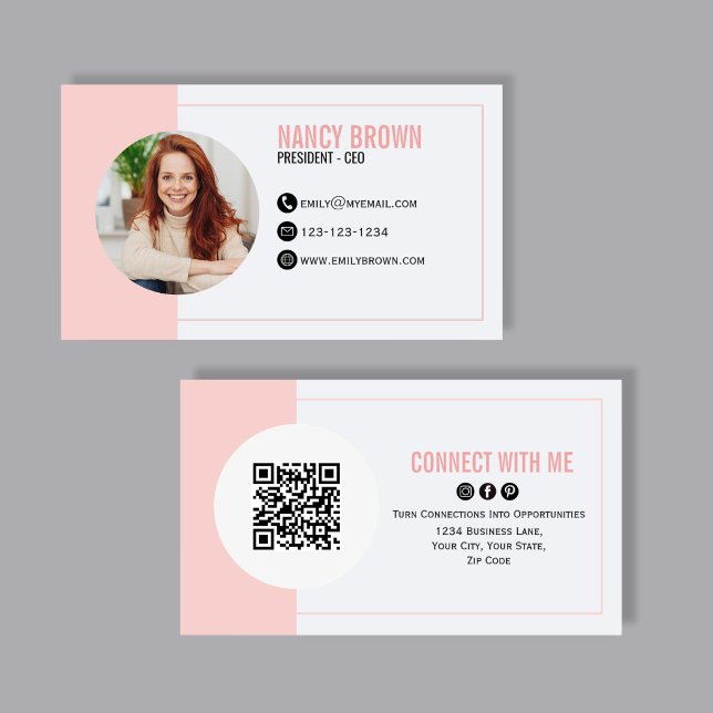 Blush Pink Photo QR Code Connect With Me Business Card (Soft blush pink photo networking card with QR code back, clean minimalist layout, and elegant modern)