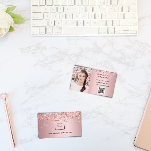 Blush pink photo QR code glitter dust female Business Card